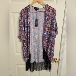 Romeo + Juliet Purple Multicolor Colorful Fringe Kimono Open Front Size Large